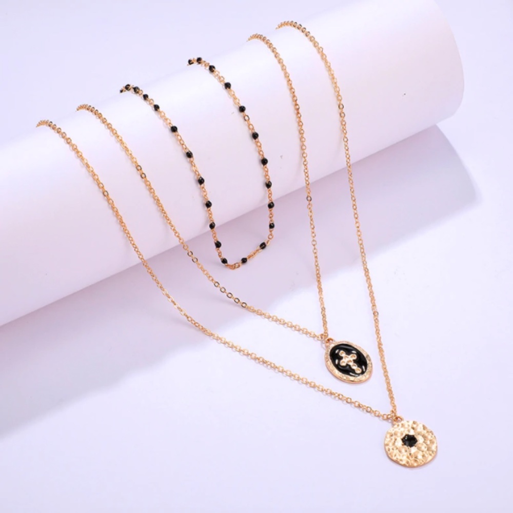 Layered Black Beaded Religious Gold Necklace - Picture 2 of 7